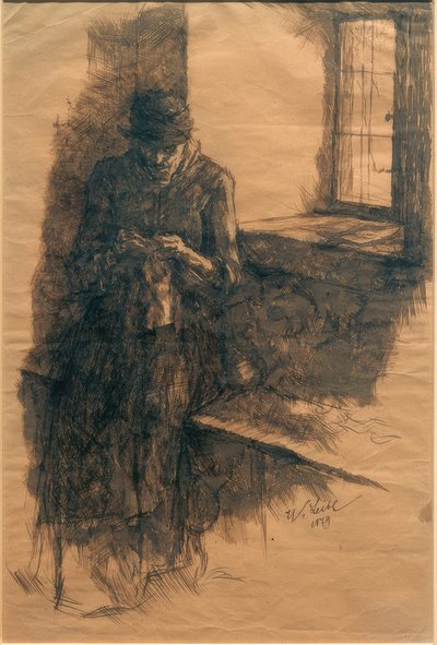 Vanha talonpoikaisnainen, neulomassa tekijältä Wilhelm Maria Hubertus Leibl