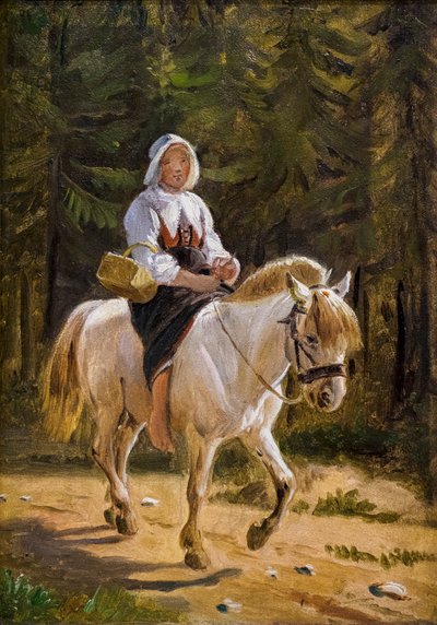 Dalecarlialainen nainen ratsastaa paljain jaloin valkoisella hevosella. tekijältä Wilhelm Marstrand