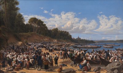 Kirkkovieraat saapuvat veneellä Leksandin seurakuntakirkolle Siljan-järvellä, Ruotsissa tekijältä Wilhelm Marstrand