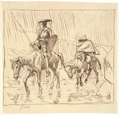 Don Quijote ja Sancho Panza ratsastavat kaatosateessa tekijältä Wilhelm Marstrand