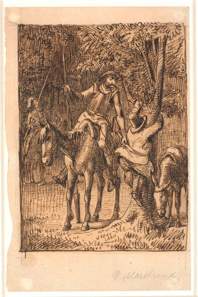 Ennen taistelua peiliritarin kanssa Don Quijote auttaa Sancho Panzan nostamaan puuta tekijältä Wilhelm Marstrand