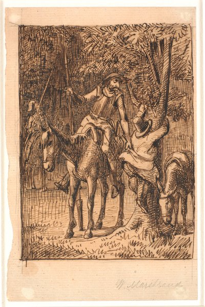 Ennen taistelua peiliritarin kanssa Don Quijote auttaa Sancho Panzan nostamaan puuta tekijältä Wilhelm Marstrand