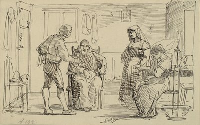 Interior on un jove explica alguna cosa a un monjo assegut, és a dir. nena plorant i vella dona finlandesa tekijältä Wilhelm Marstrand