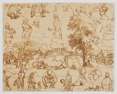Landschaft mit Pferdewagen und zahlreichen Figurenskizzen tekijältä Wilhelm Marstrand
