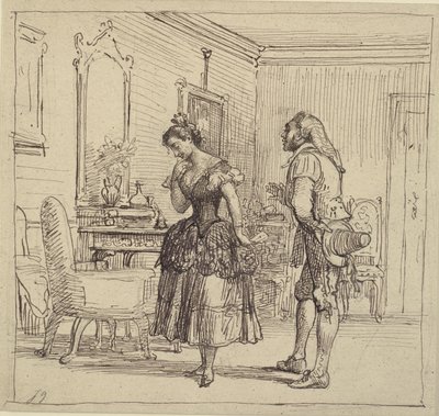 Rosina antaa Figarolle kirjeen kreivi Almavivalle. (Sevillan parturi) tekijältä Wilhelm Marstrand