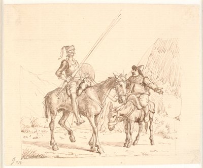 Sancho aasilla selittää jotain Don Quijotelle tekijältä Wilhelm Marstrand