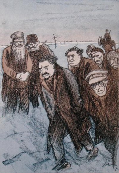 Karikatyyri Leon Trotskysta (1879-1940) Siperiassa, Simplicissimus-lehdestä, tammikuu 1928 (värilitho) tekijältä Wilhelm Schulz