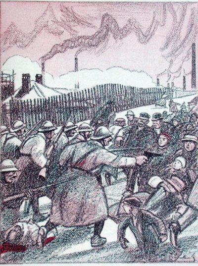 Ranskan armeijan tukahduttaminen Ruhrin miehityksen aikana, Simplicissimus, tammikuu 1924 (väri litho) tekijältä Wilhelm Schulz