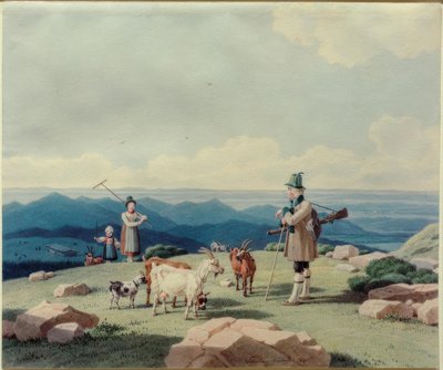 Metsästäjä meijerineidon ja lapsen kanssa Hirschbergillä tekijältä Wilhelm von Kobell