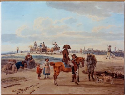 Ratsumiehet, maanviljelijät ja vaunut kaupungin edessä tekijältä Wilhelm von Kobell