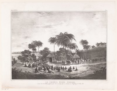 Aankomst van Prins Diepo Black in MagelangLe Prince Diepo Black (otsikko esineessä)Atlas-muistokirjat Jaavan saaren sodasta 1825-1830 (sarjan nimi) tekijältä Wilhelmus van Groenewoud