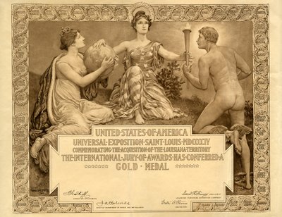 Louisiana Purchase Exposition tyhjä kultamitalitodistus, 1904 tekijältä Will H. Low