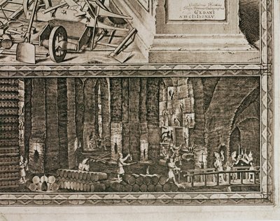 Krakovan lähellä sijaitsevan Wieliczkan suolakaivokset tuottivat noin kolmanneksen Puolan kuninkaiden tuloista... (kaiverrus) tekijältä Willem (c.1597 1660) Hondius