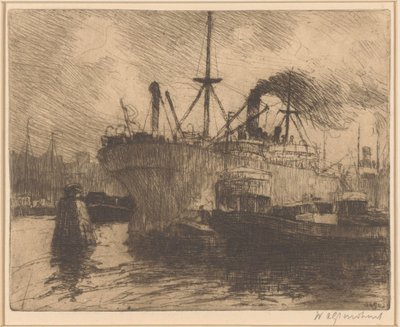 Laivat kiinnitettyinä Rotterdamin satamaan tekijältä Willem Adrianus Grondhout (signed by artist)