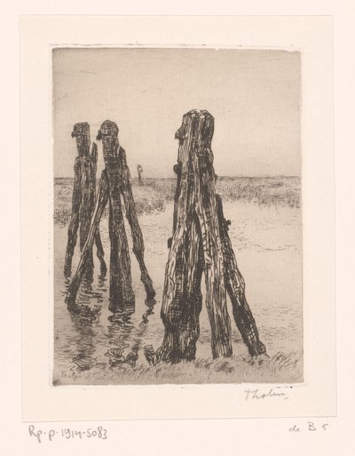 Kolme kiinnityspylvästä matalassa vedessä Ducdalven (alkuperäinen nimi) tekijältä Willem Bastiaan Tholen (signed by artist)
