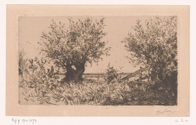 Maisema niityllä, pollaripajuilla ja aidalla Willows (Kaag) (alkuperäinen nimi) tekijältä Willem Bastiaan Tholen (signed by artist)