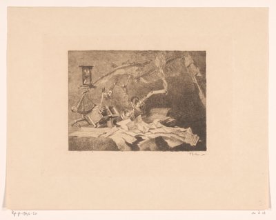Asetelma putoavilla ja rikkoutuneilla esineillä Loppu (alkuperäinen nimi) tekijältä Willem Bastiaan Tholen (signed by artist)