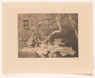 Asetelma putoavilla ja rikkoutuneilla esineillä Loppu (alkuperäinen nimi) tekijältä Willem Bastiaan Tholen (signed by artist)