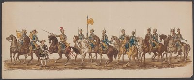 Delftin paraati 1862, ensimmäinen ryhmä Delftin kuninkaallisen akatemian neljäs lustrum - Ao. 1862 - Costumed Optogt (sarjan nimi esineellä) tekijältä Willem Bernardus IJzerdraat