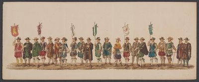 Delftin paraati 1862, viides ryhmä Delftin kuninkaallisen akatemian neljäs lustrum - Ao. 1862 - Costumed Optogt (sarjan nimi esineellä) tekijältä Willem Bernardus IJzerdraat
