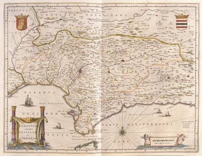 Andalusia ja Sevillan kaupunki, Gibraltarin salmi, Willem Blaeun "Theatrum Orbis Terrarum, sive Atlas Novus", Amsterdam. tekijältä Willem Blaeu