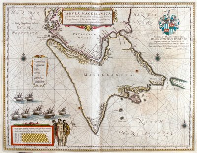 Argentiina, Chile, Magellaninsalmi, Fuegon maa, Willem Blaeun teoksessa "Theatrum Orbis Terrarum, sive Atlas Novus", Amsterdam. tekijältä Willem Blaeu