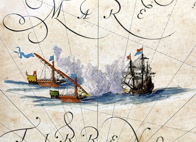 Taistelu kahden keittiön ja karakin välillä. Willem Janszoon Blaeun atlas (1571 - 1638) tekijältä Willem Blaeu