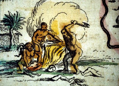 Brasilia. Kannibaalit kuvaavat miestä kirveen kanssa. Yksityiskohta W. Blaeun atlaskartan kartasta tekijältä Willem Blaeu