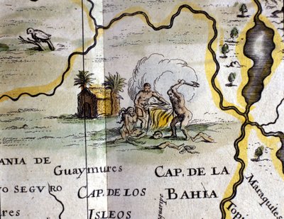 Brasilia. Kannibaalit edustavat miestä kirveellä. Yksityiskohta W. Blaeun atlaskartan kartasta tekijältä Willem Blaeu