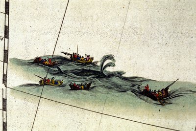 Bretonilaiset kalastajat metsästävät valaita käsiharppuunalla. Yksityiskohta William Blaeun Atlasista, painettu Amsterdamissa vuonna 1665 tekijältä Willem Blaeu
