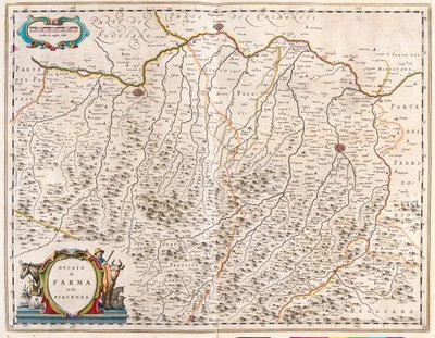 Parman ja Piacenzan kaupungit, Italia, Willem Blaeun "Theatrum Orbis Terrarum, sive Atlas Novus" -teoksessa, Amsterdam. tekijältä Willem Blaeu