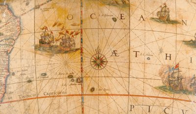 Yksityiskohta taistelulaivoista Atlantin valtamerellä maapallolta 1645/48 tekijältä Willem Blaeu