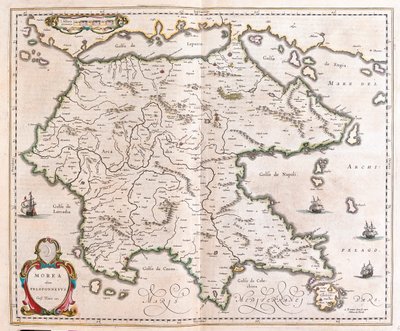 Kreikka, Peloponnesos, Willem Blaeun teoksessa "Theatrum Orbis Terrarum, sive Atlas Novus", Amsterdam. tekijältä Willem Blaeu