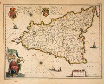 Sisilian kartta, Willem Blaeu, Regionum Italiae, kaiverrus tekijältä Willem Blaeu