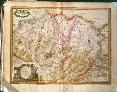Parman herttuakunnan kartta, Willem Blaeun kaiverrus Regionum Italiaesta, painettu Italiassa tekijältä Willem Blaeu
