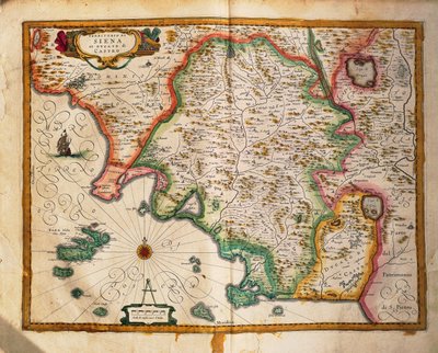 Sienan rajojen kartta, Willem Blaeu, Regionum Italiae, kaiverrus tekijältä Willem Blaeu