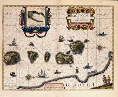 Indonesian itäpuolella sijaitsevien Molukkisaarten kartta. (kaiverrus tekijältä Willem Blaeu