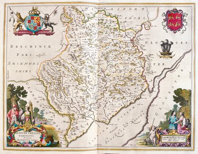 Monmouth shire (Englanti ja Wales), teoksessa "Theatrum Orbis Terrarum, sive Atlas Novus", kirjoittanut Willem Blaeu, Amsterdam. tekijältä Willem Blaeu