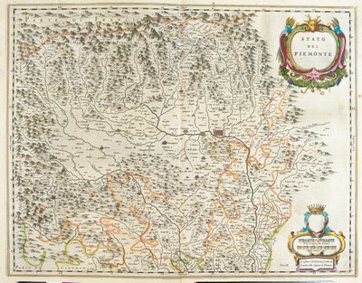 Piemont, Aostan laakso ja Liguria, Italia, Willem Blaeun teoksessa "Theatrum Orbis Terrarum, sive Atlas Novus", Amsterdam. tekijältä Willem Blaeu