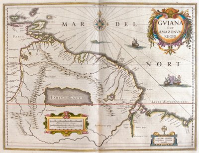 Orinoco-joki, Rio Amazzonas, Venezuela, Koillis-Brasilia, Willem Blaeun "Theatrum Orbis Terrarum, sive Atlas Novus", Amsterdam. tekijältä Willem Blaeu