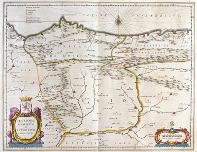 Espanjan Asturian, Kastilian ja Leónin maakunta, mukaan lukien Oviedon, Leónin, Santanderin ja Valladolidin kaupungit, Willem Blaeun, Amsterdam, teoksessa "Theatrum Orbis Terrarum, sive Atlas Novus". tekijältä Willem Blaeu