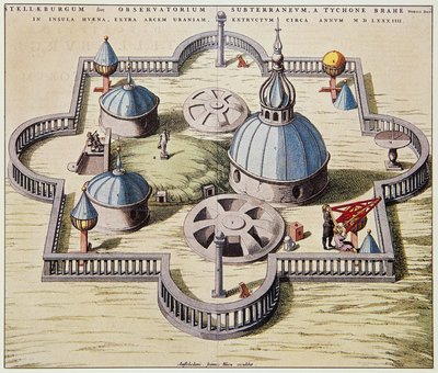 Stelleburgum sive Observatorium Subterraeum, maanalainen tähtitieteellinen observatorio Stjerneborgissa (tähtilinna), suunnitteli Tycho Brahe (1546-1601) Hvenin saarella, Tanskassa, piirustus Willem Blaeu, noin 1595. tekijältä Willem Blaeu