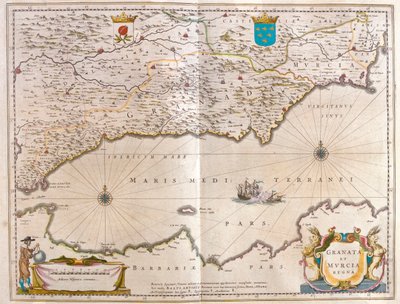 Gibraltarin salmesta Alicanteen, Guagalquivirin laaksoon ja Sevillaan sekä Pohjois-Afrikan rannikolle, Willem Blaeun teoksessa "Theatrum Orbis Terrarum, sive Atlas Novus", Amsterdam. tekijältä Willem Blaeu