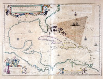 Karibianmeri: näet Bermudan kolmion Bermudan saariston, Miamin ja Puerto Ricon välillä. Wilhelm Blaeun Atlasin mukaan tekijältä Willem Blaeu