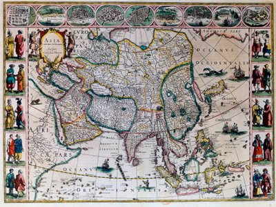 Maailman teatteri tai uusi atlas Amsterdam. Willem Janszoon Blaeu (1571-1638) Aasian maantieteellinen kartta tekijältä Willem Blaeu