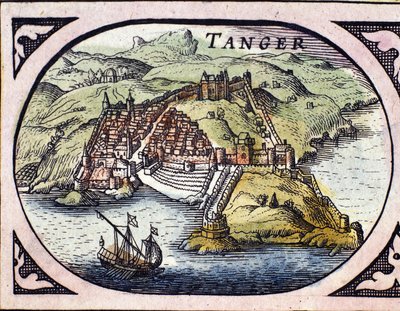 Näkymä Tangerin linnoituskaupunkiin ja rannikolle, Marokko. Kartta W. G. Blaeun hollantilaisesta atlaksesta, Amsterdam. tekijältä Willem Blaeu
