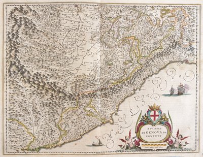Läntinen Riviera Liguria, Italia, Willem Blaeun "Theatrum Orbis Terrarum, sive Atlas Novus" -teoksessa, Amsterdam tekijältä Willem Blaeu