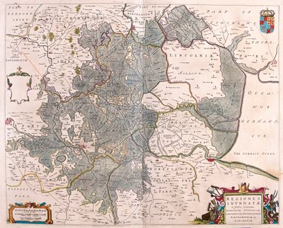 Norfolkin, Suffolkin, Huntingtonin, Northamptonin, Cambridgen ja Lincolnin "tulva-alueet", Willem Blaeun teoksessa "Theatrum Orbis Terrarum, sive Atlas Novus", Amsterdam. tekijältä Willem Blaeu