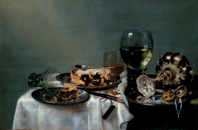 ""Aamiaispöydän asetelma ja karhunvatukkapiirakka"" (Aamiaispöytä ja karhunvatukkapiirakka) Willem Claesz Hedan (1594-1680) maalaus 1631 Dim 54x82 cm Öljy kankaalle Dresdenin valtion taidekokoelmat Dresden tekijältä Willem Claesz. Heda