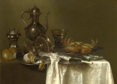 Asetelma: Tina, hopea-alukset ja rapu, noin 1636 tekijältä Willem Claesz. Heda